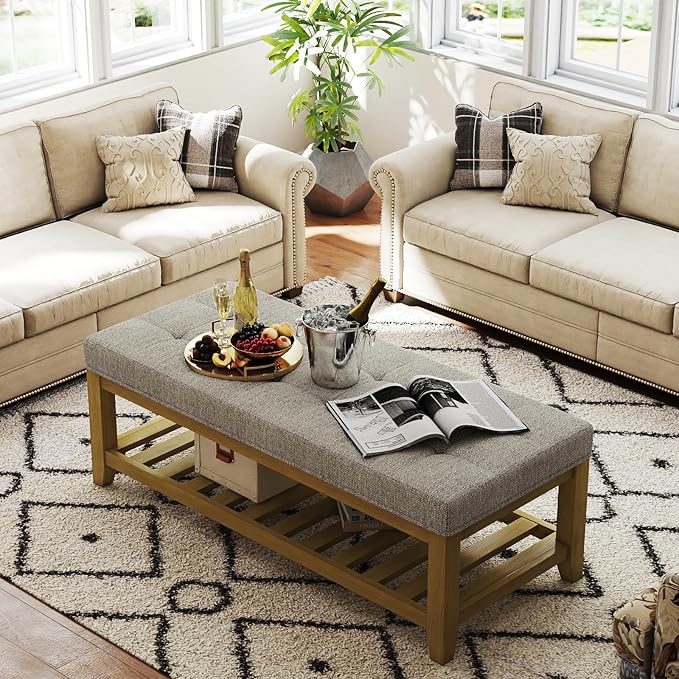 Befurtori Large Rectangular Upholstered Ottoman Bench, Linen Tufted Footrest