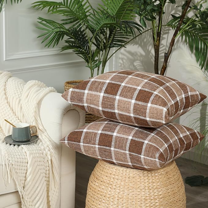 Stellhome Pack of 2 Fall Linen Buffalo Check Decorative Throw Pillow Covers