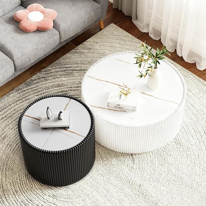 2-Piece Round Nesting Coffee Table Set, 29.52" Marble Coffee Table and End