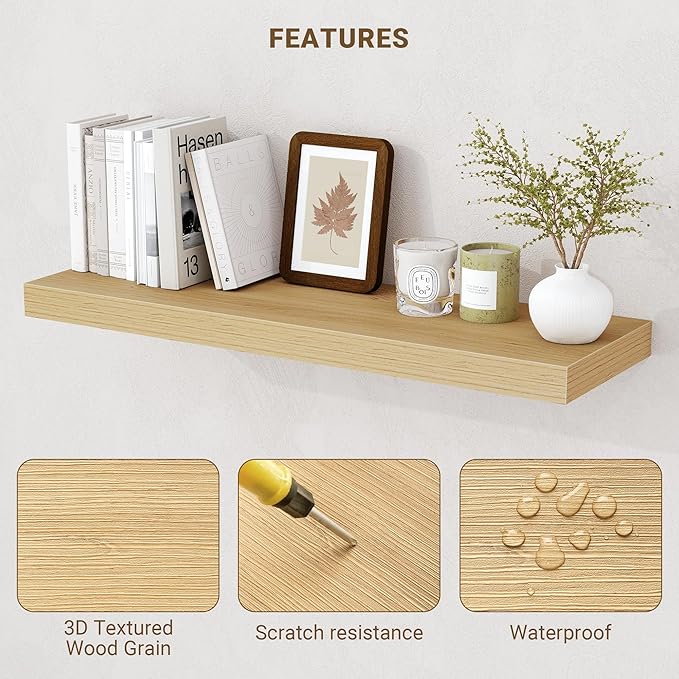 Acovy 32 Inch Floating Shelves, 3D Textured Wood Grain, Wooden Shelves