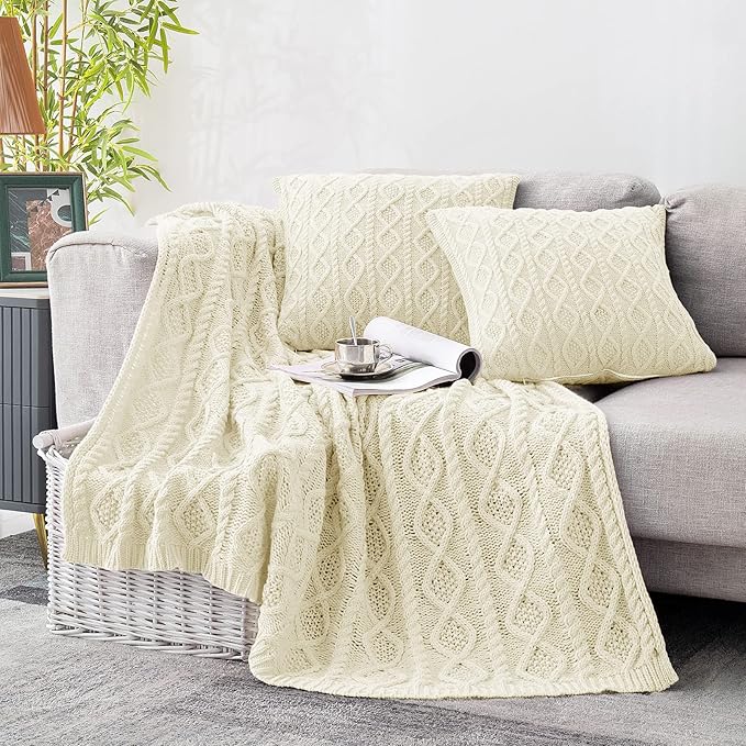 Homiest Cable Knit Throw Blanket & Pillow Set, Cream White Set of 3, Knitted