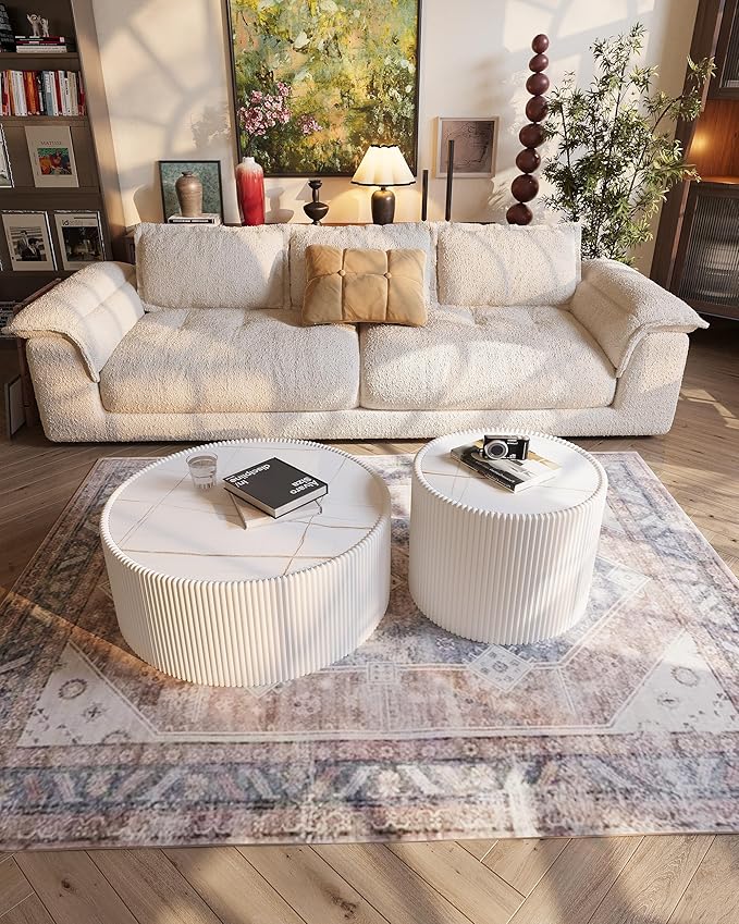 White Marble Coffee Table Set of 2, 29.52" Round Flued Coffee Table and End