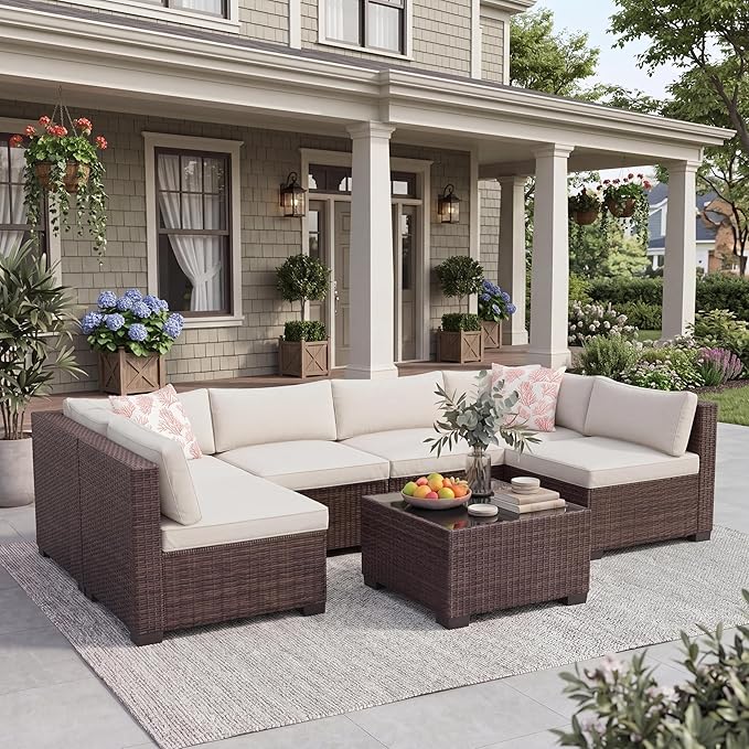 GarveeHome 7-Piece Modular Outdoor Patio Set, Sectional Rattan Wicker Sofa