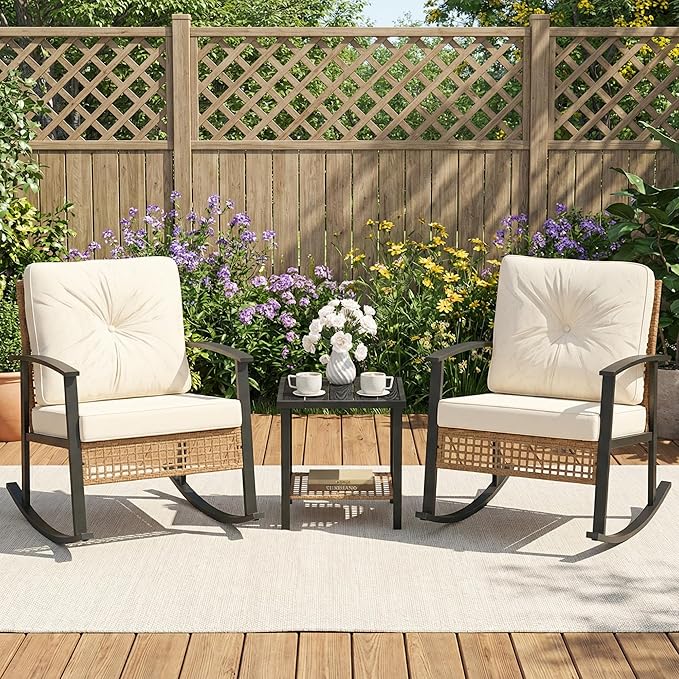 COSIEST 3-Piece Outdoor Rocking Chairs Bistro Set, Rattan Patio Furniture