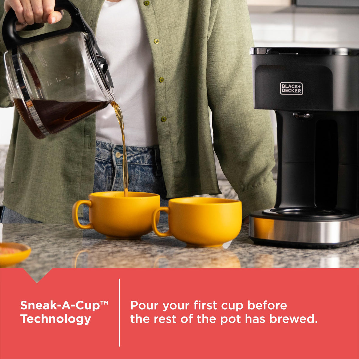BLACK+DECKER CAFÉCRAFT 12-Cup Coffee Maker, One-Switch Drip Coffeemaker with Vortex Showerhead Technology, Sneak-A-Cup, Keep Warm Function, Stainless Steel