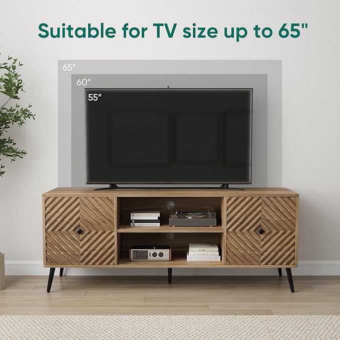 Smuxee Walnut TV Stand with Fluted Diamond Doors, 55.12" Mid Century Modern TV