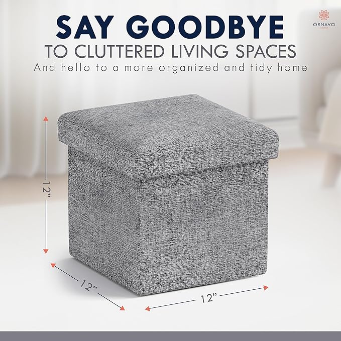 Ornavo Home Small Storage Ottoman Foldable Collapsible Cube Square Linen