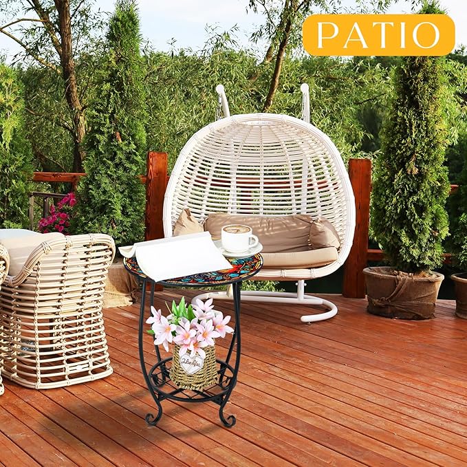 Cinnvoice Outdoor Side Table Round Small Mosaic Patio Accent Indoor End Plant