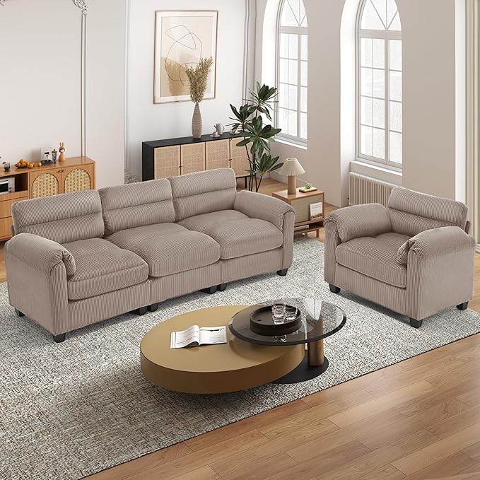 HAOMARKETS Corduroy Sofa Set, Upholstered Armchair and 3-Seater Couch