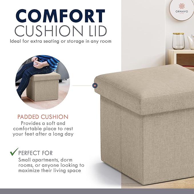 Ornavo Home Small Storage Ottoman Foldable Collapsible Cube Square Linen