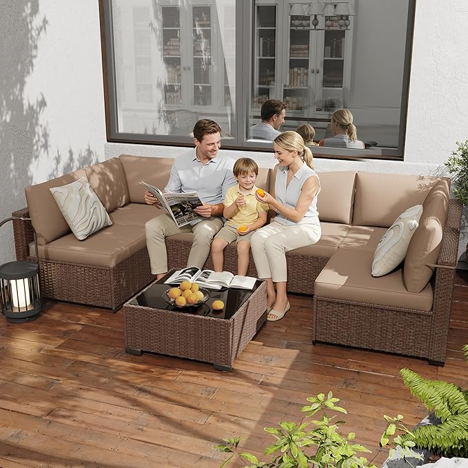 KIGOTY 7-Piece Patio Furniture Set, All-Weather PE Rattan Outdoor Sectional Sofa