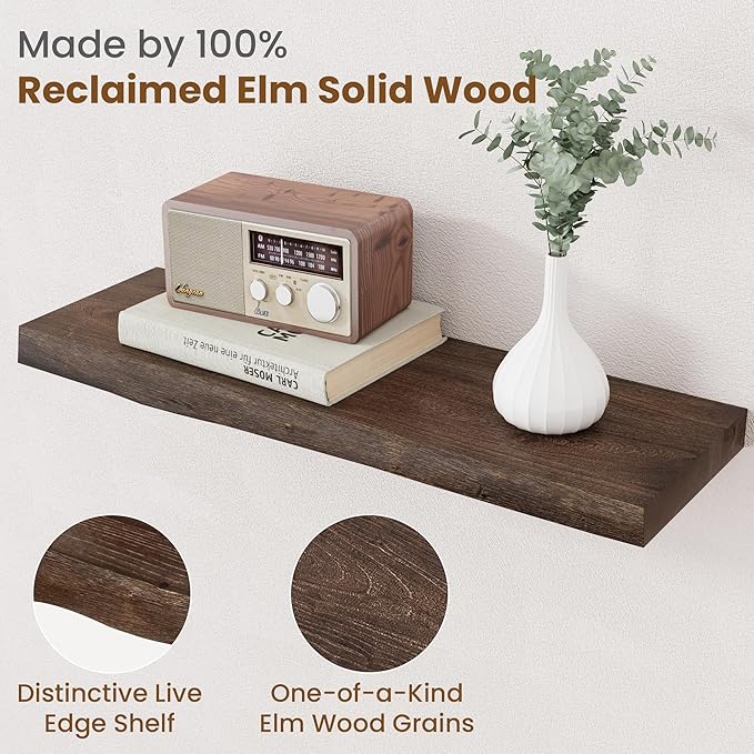 Floating Shelves for Wall Decor, Rustic Solid Elm Wood Live Edge Floating
