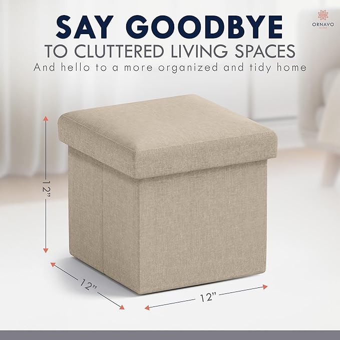 Ornavo Home Small Storage Ottoman Foldable Collapsible Cube Square Linen