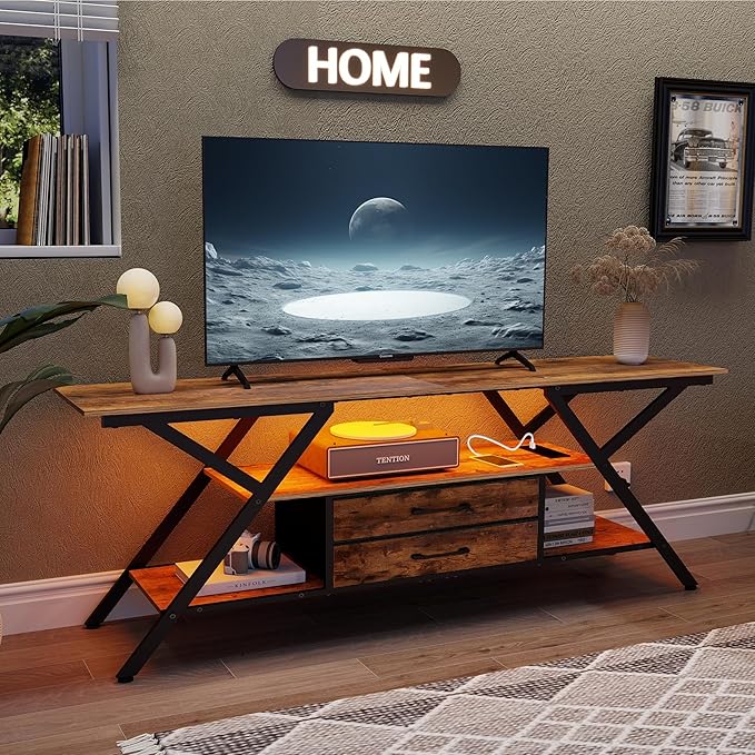 Simoretus TV Stand with Power Outlet and LED Lights, Fits TVs up to 65”