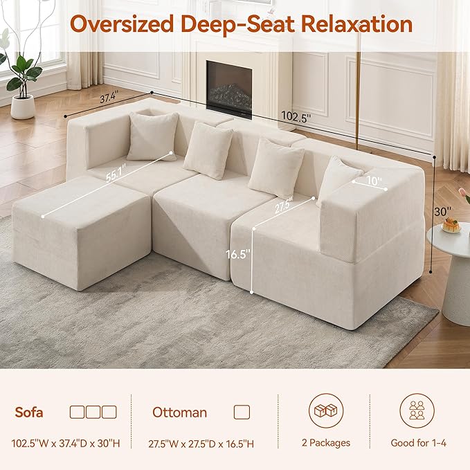 MONVANE 103'' Modular Sectional Sofa, Cloud Sectional Couch