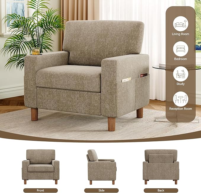 Mid Century Modern Accent Chairs Set of 2, Chenille Comfy Living Room Arm Chairs