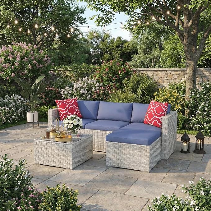 5-Piece L-Shaped Outdoor Patio Furniture Set, PE Wicker Sectional Sofa Set