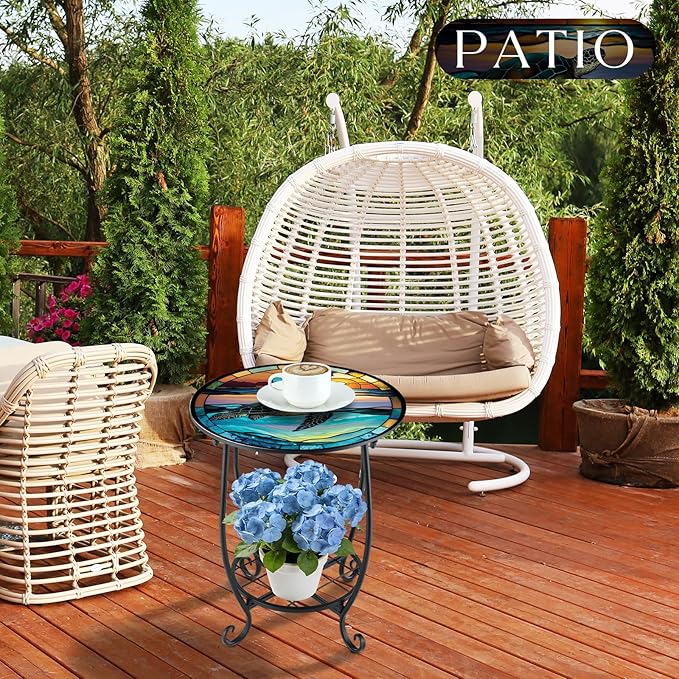 Cinnvoice Outdoor Side Table Round Small Mosaic Patio Accent Indoor End Plant