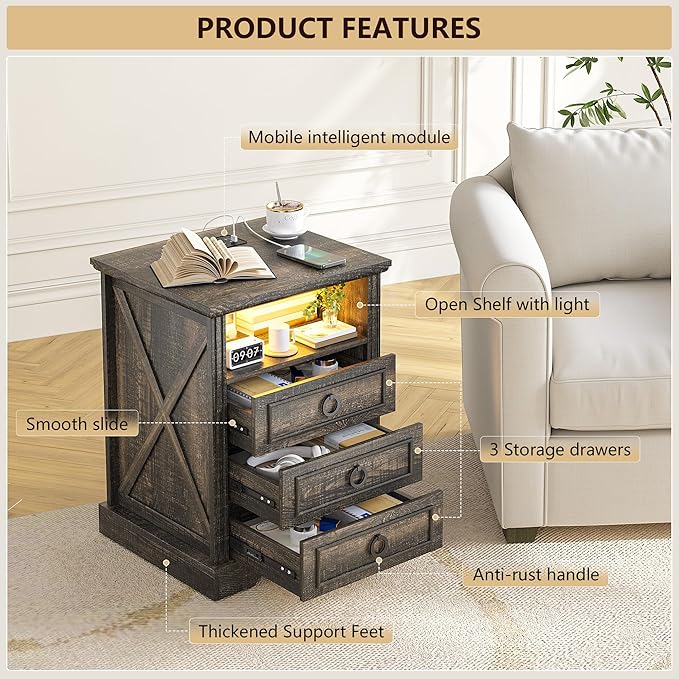 Nightstand with Charging Station, Farmhouse End Side Table with 3 Drawers and