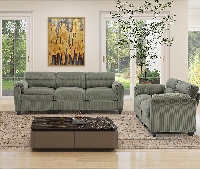 HAOMARKETS Corduroy Sofa Set, Upholstered Loveset and 3-Seater Couch
