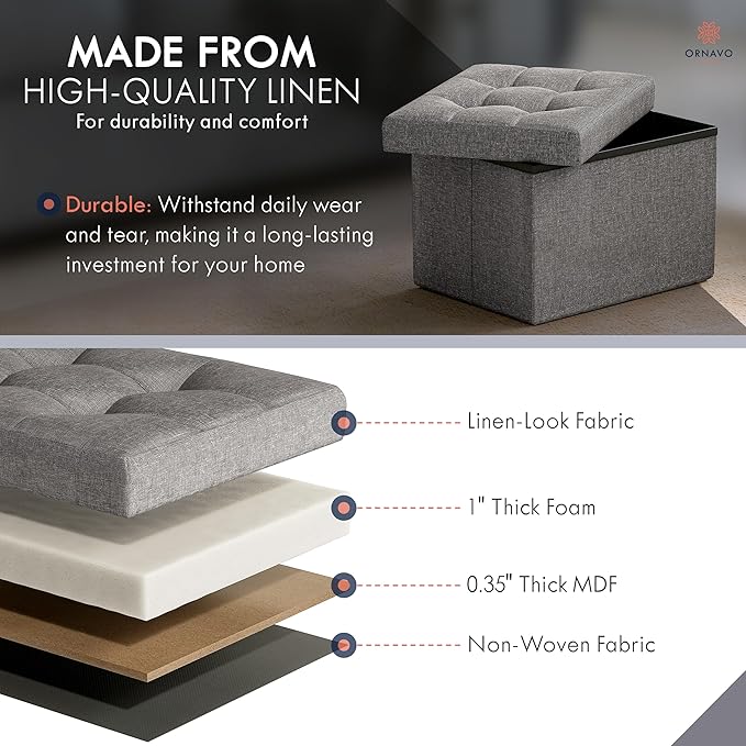 Ornavo Home Small Storage Ottoman Foldable Collapsible Rectangle Linen Ottoman