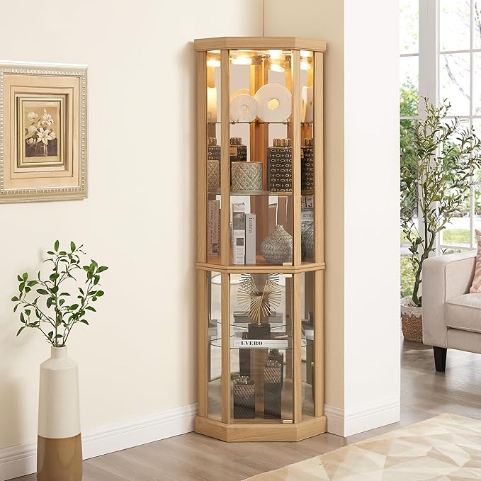 Corner Curio Cabinet, 150lbs Heavy Duty Glass Display Cabinet