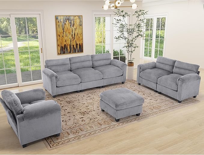 HAOMARKETS Corduroy 4-piece Sofa Set, Upholstered Ottoman, Loveseat 2-Seater