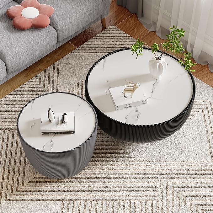 SSLine Bowl-Shape Coffee Table Set of 2 Modern Sintered Stone Top Nesting