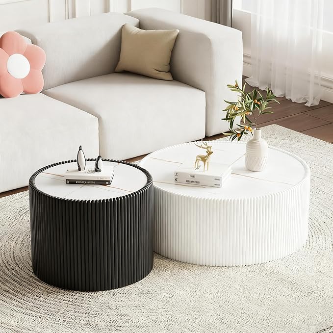SSLine Round Drum Coffee Table Set of 2 Modern Sintered Stone Top Nesting