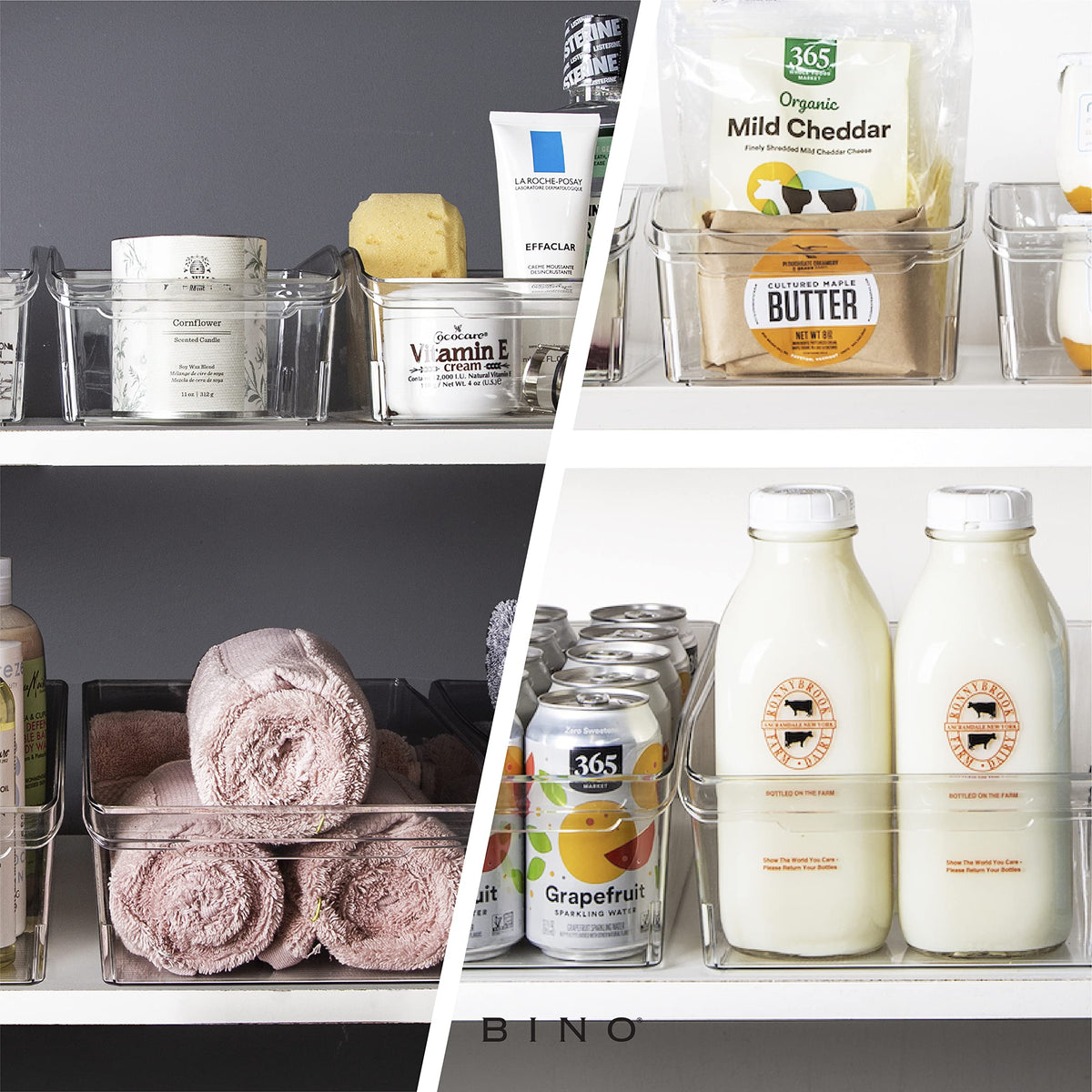 BINO | Plastic Storage Bins, Large | THE CURVE COLLECTION | Multi-Use Fridge / Freezer Organizer | Built-In Handle | BPA-Free | Pantry and Home Organization