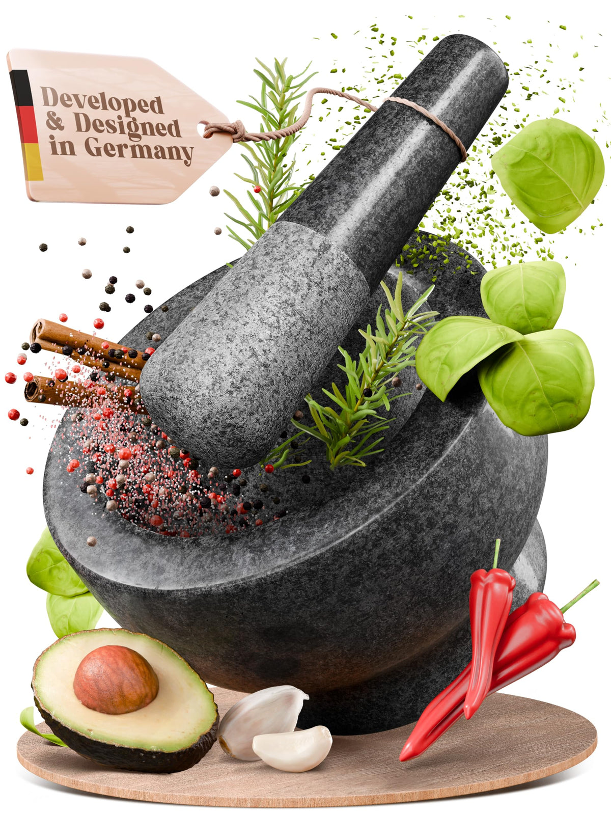 ChefSofi Mortar and Pestle Set - Black Polished Exterior - 1.5 Cup Capacity