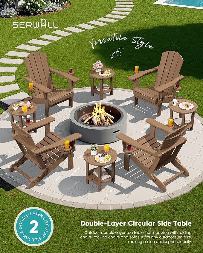 SERWALL Round Adirondack Side Table, 16.5" Double Outdoor Side Table, HDPE