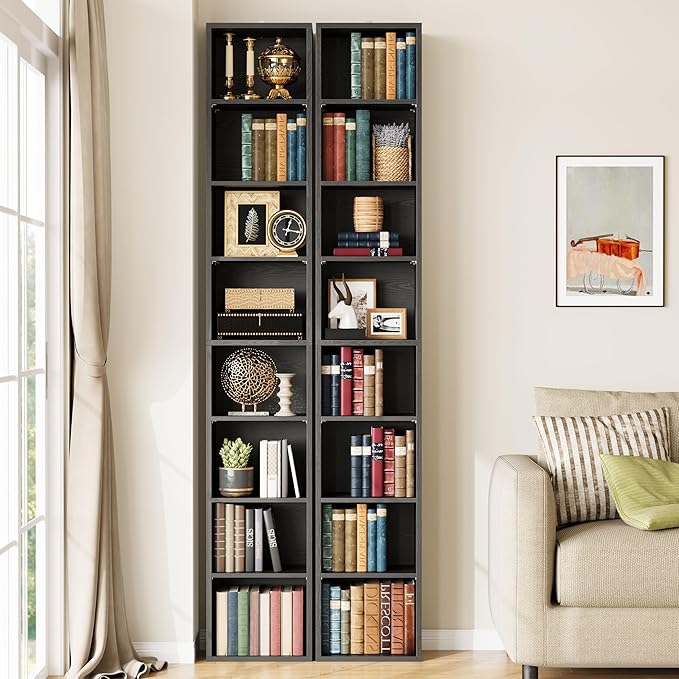 IRONCK Tall Narrow Bookshelf 8 Tiers 71in Set of 2, Compact Corner Bookcase