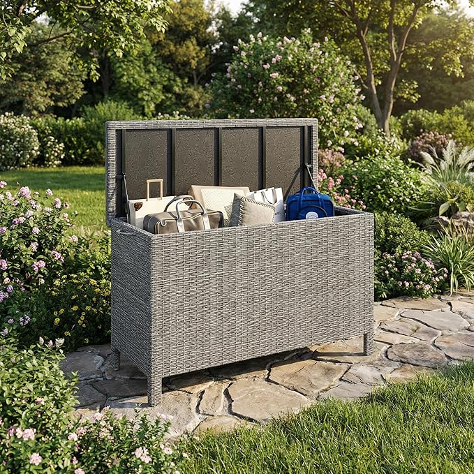GarveeLife Outdoor Wicker Storage Box, PE Rattan Patio Storage Chest