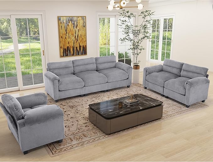 HAOMARKETS Corduroy Sofa Set, Upholstered Armchair, and 3-Seater Couch