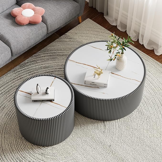 SSLine Round Drum Coffee Table Set of 2 Modern Sintered Stone Top Nesting