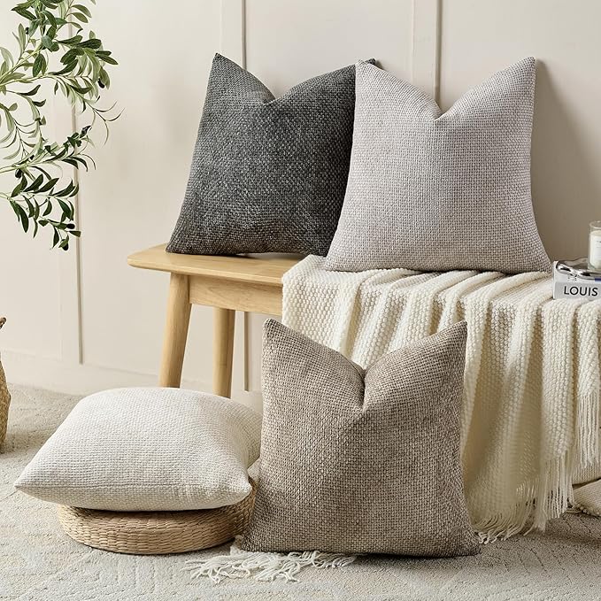 Volcanics Boho Throw Pillow Covers 18x18 Set of 4, Neutral Chenille Decorative