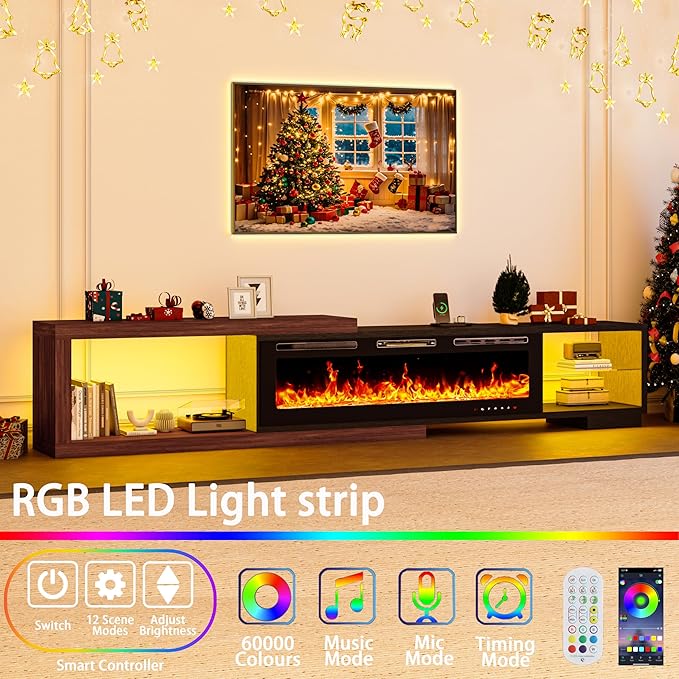 Extendable TV Stand with 50" Electric Fireplace, Modern LED Entertainment