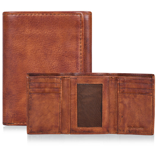 Tri fold Leather Wallet for Men with RFID | Slim Wallets for Men with 1 ID and 6 Credit card slots | Front Pocket Minimalist (Wash Tan)