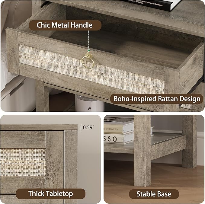 Xixini Nightstand Set of 2, Rattan Boho Bedside Table