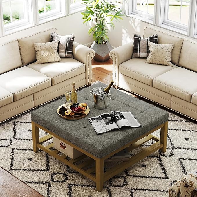 Befurtori Large Square Ottoman Coffee Table, Linen Solid Upholstered Footrest