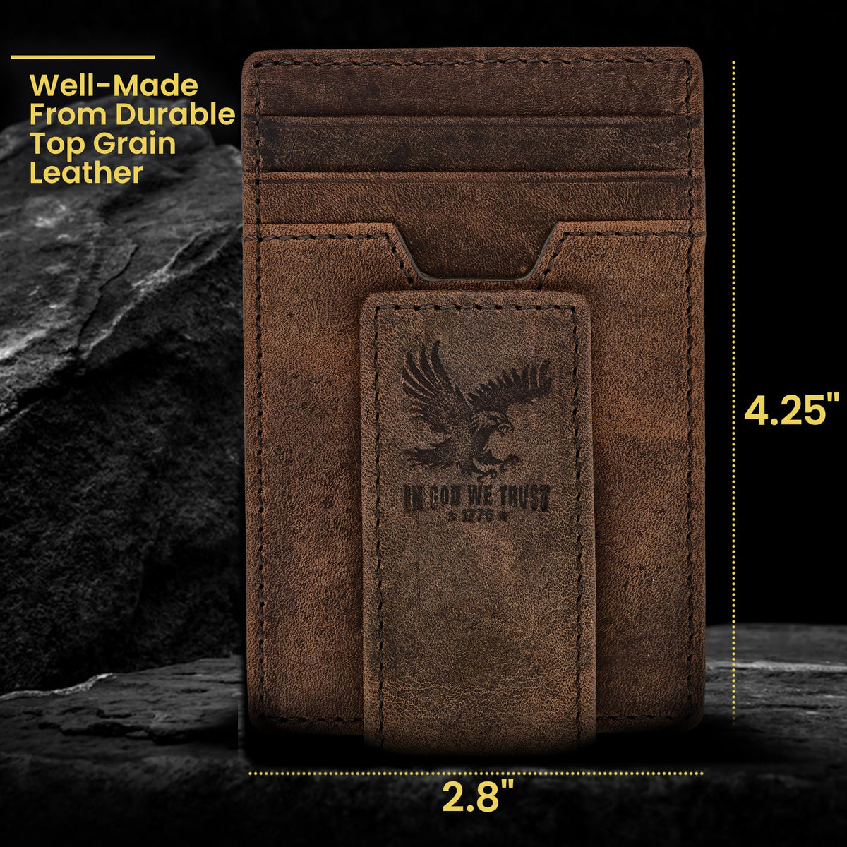BULL GUARD RFID Magnetic Money Clip Men's Wallet Crafted from Genuine Leather, Slim Front Pocket Minimalist Card Case With 4 Credit Card Slots, ID and Middle Pocket