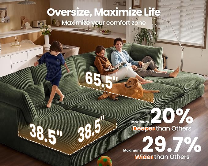 77" Oversized Corduroy Couch Modular Sectional Sofa, Washable Cloud Couch