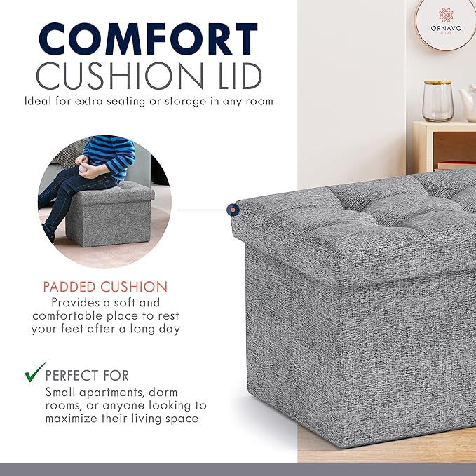 Ornavo Home Small Storage Ottoman Foldable Collapsible Rectangle Linen Ottoman