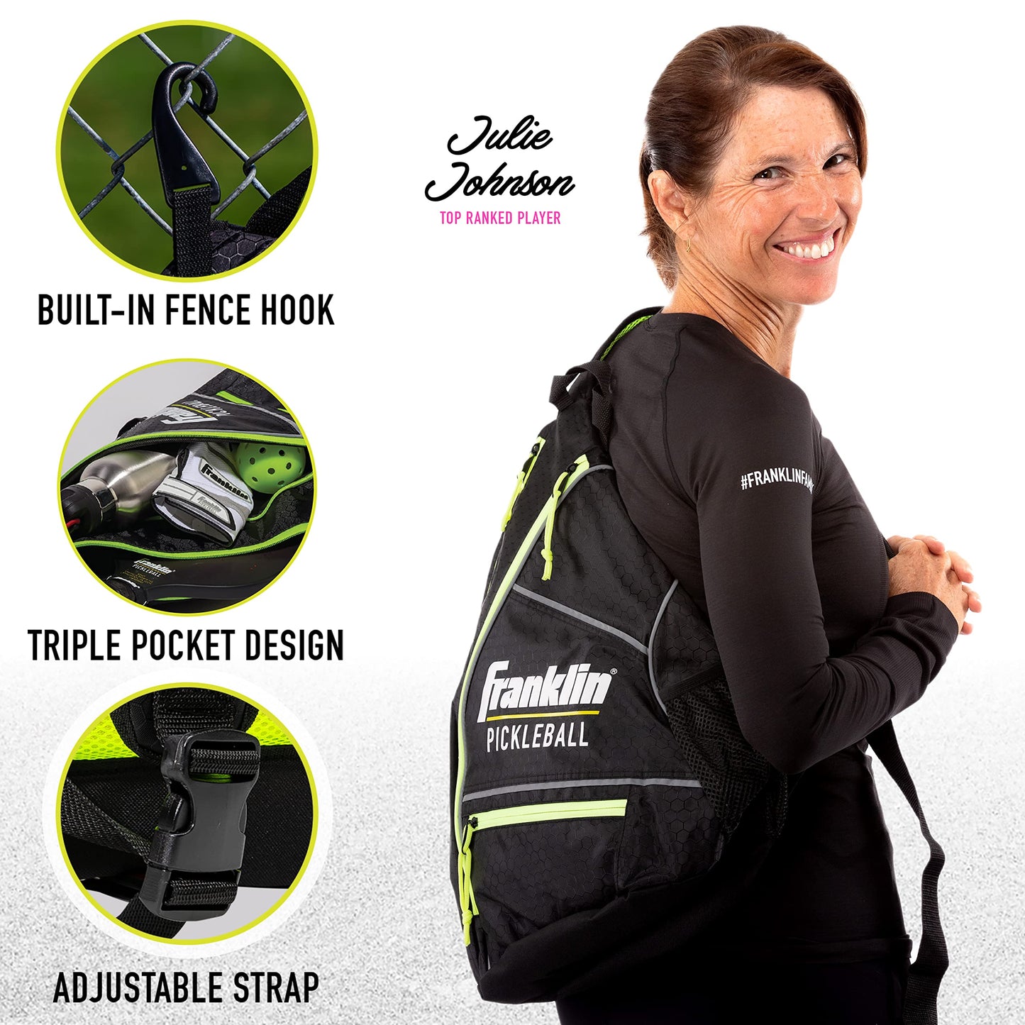Franklin Sports Pickleball Bags - Pickleball Sling Bag Backpack for Gear + Equipment - Pickleball Bag for Men + Women - Holds Paddles, Pickleballs + Accessories - Black/Optic