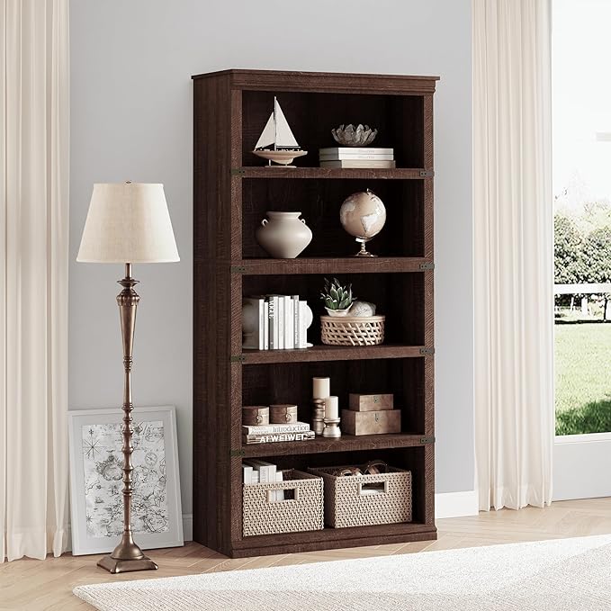 GarveeHome 5 Tier Farmhouse Bookcase, 67.4" Tall Book Shelf