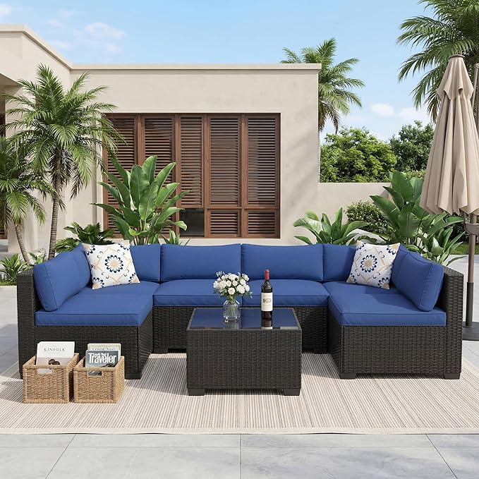 GarveeHome 7-Piece Modular Outdoor Patio Set, Sectional Rattan Wicker Sofa