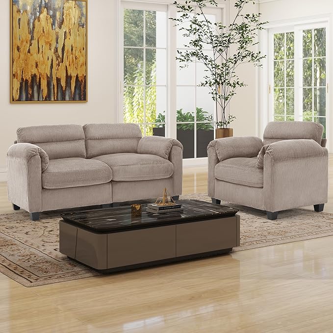 HAOMARKETS Corduroy Sofa Set, Upholstered Armchair and Loveseat