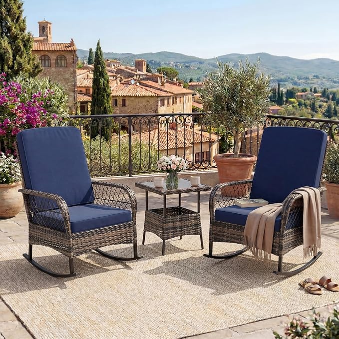 GarveeHome 3-Piece Outdoor Rocking Chair Set, Wicker Rattan Patio Furniture