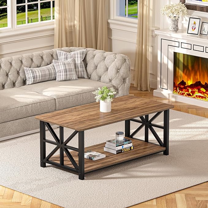 GreenForest Coffee Table with Round Corner, Farmhouse Center Table with 2-Tier